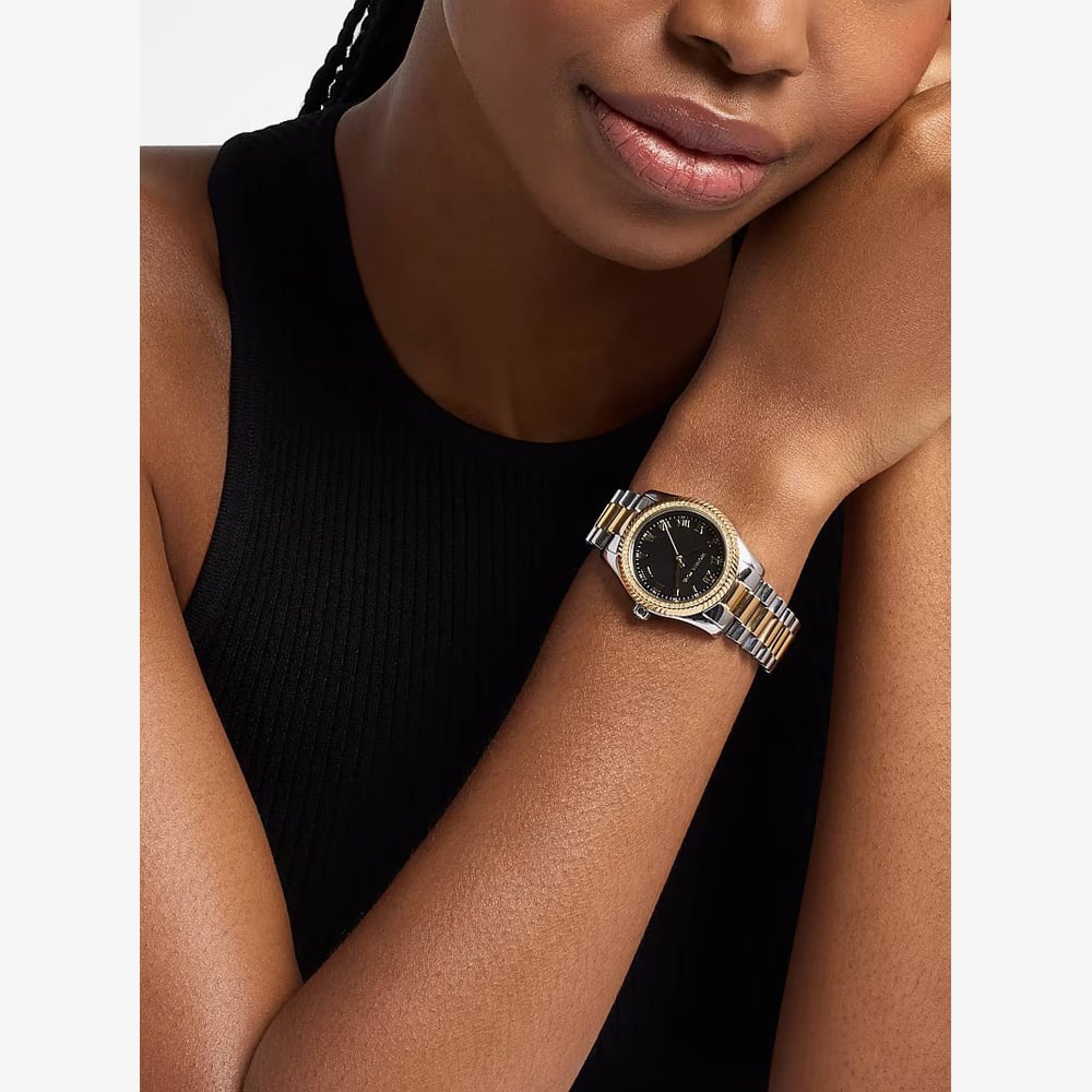Michael Kors Ladies Gold Silver Mini Lexington Pavé Black Dial Two -Tone Bracelet Watch MK7625