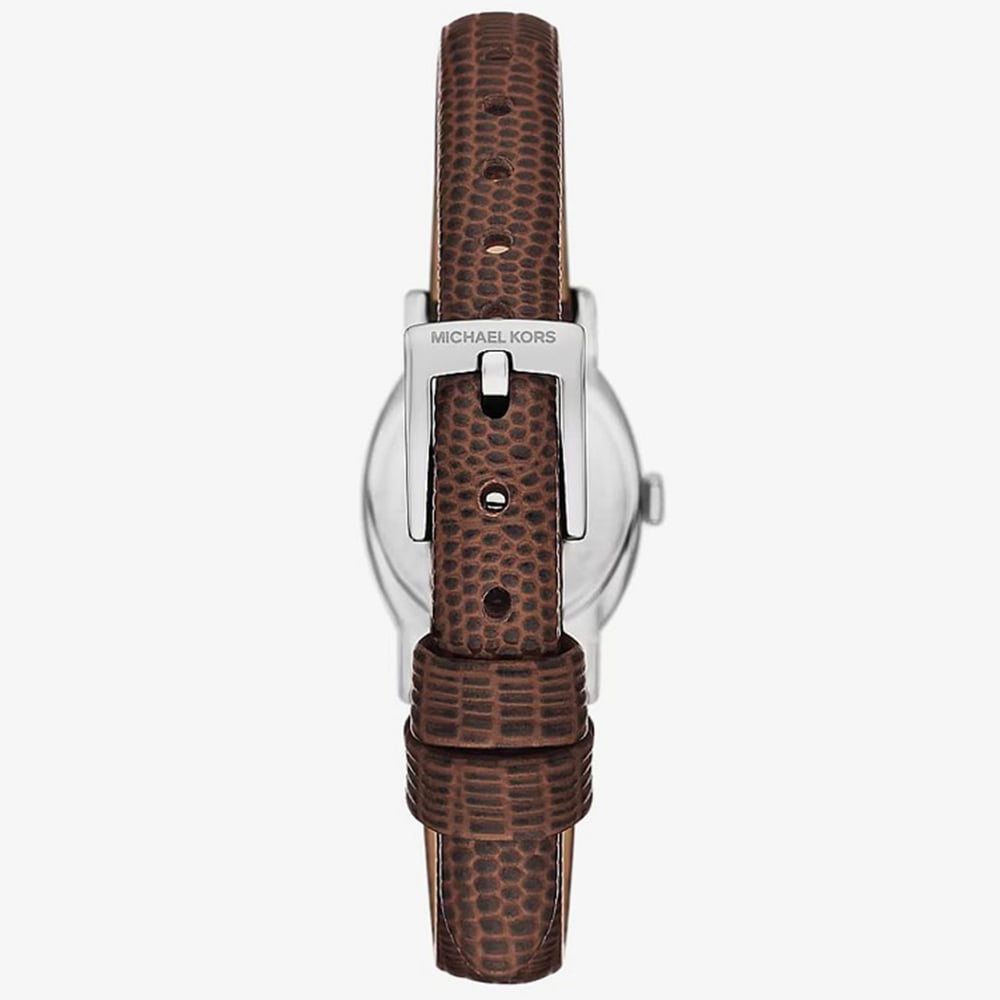 Michael Kors Ladies Brown Chocolate Petite Maude Silver -Tone and Lizard Embossed Leather Watch MK7635