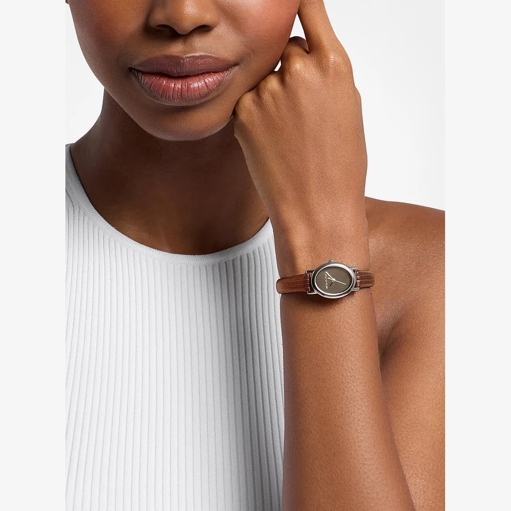 Michael Kors Ladies Brown Chocolate Petite Maude Silver -Tone and Lizard Embossed Leather Watch MK7635