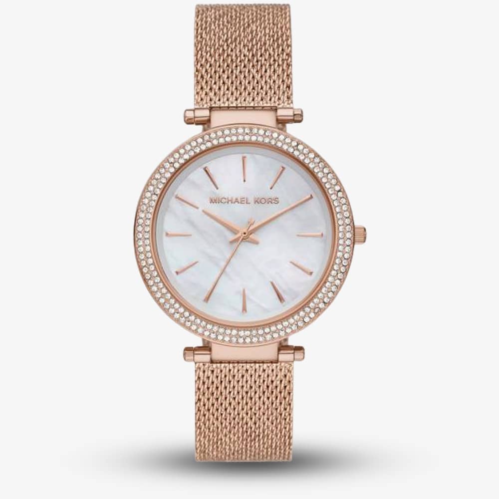 House of Watches - Michael Kors Ladies Darci Mother Of Pearl Dial Crystal Set Bezel Rose Gold Plated Mesh Strap Watch MK4519