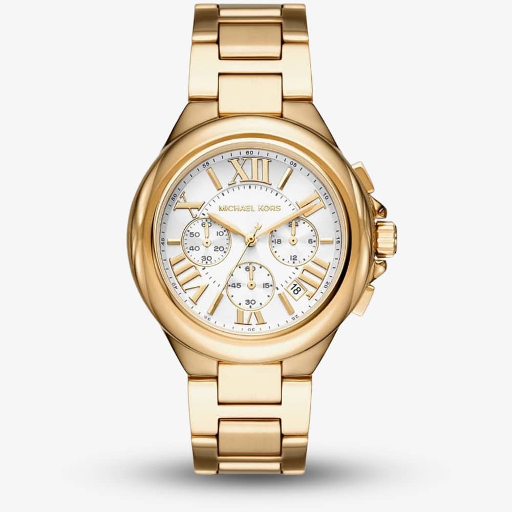 House of Watches - Michael Kors Ladies Camille 43mm Gold Plated White Dial Chronograph Watch MK7270