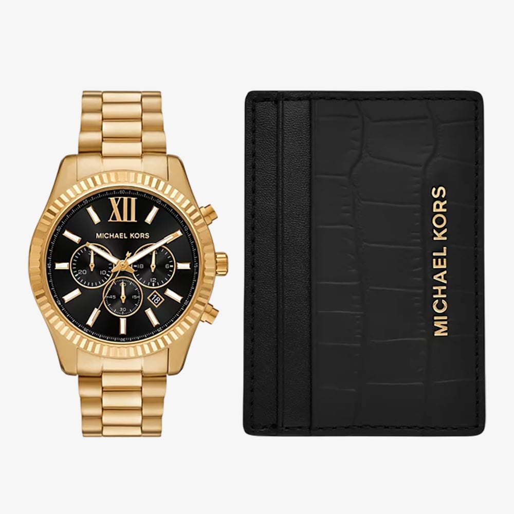 Michael Kors Mens Lexington Gold Chronograph Watch &amp; Black Leather Cardholder Set  MK9245SET