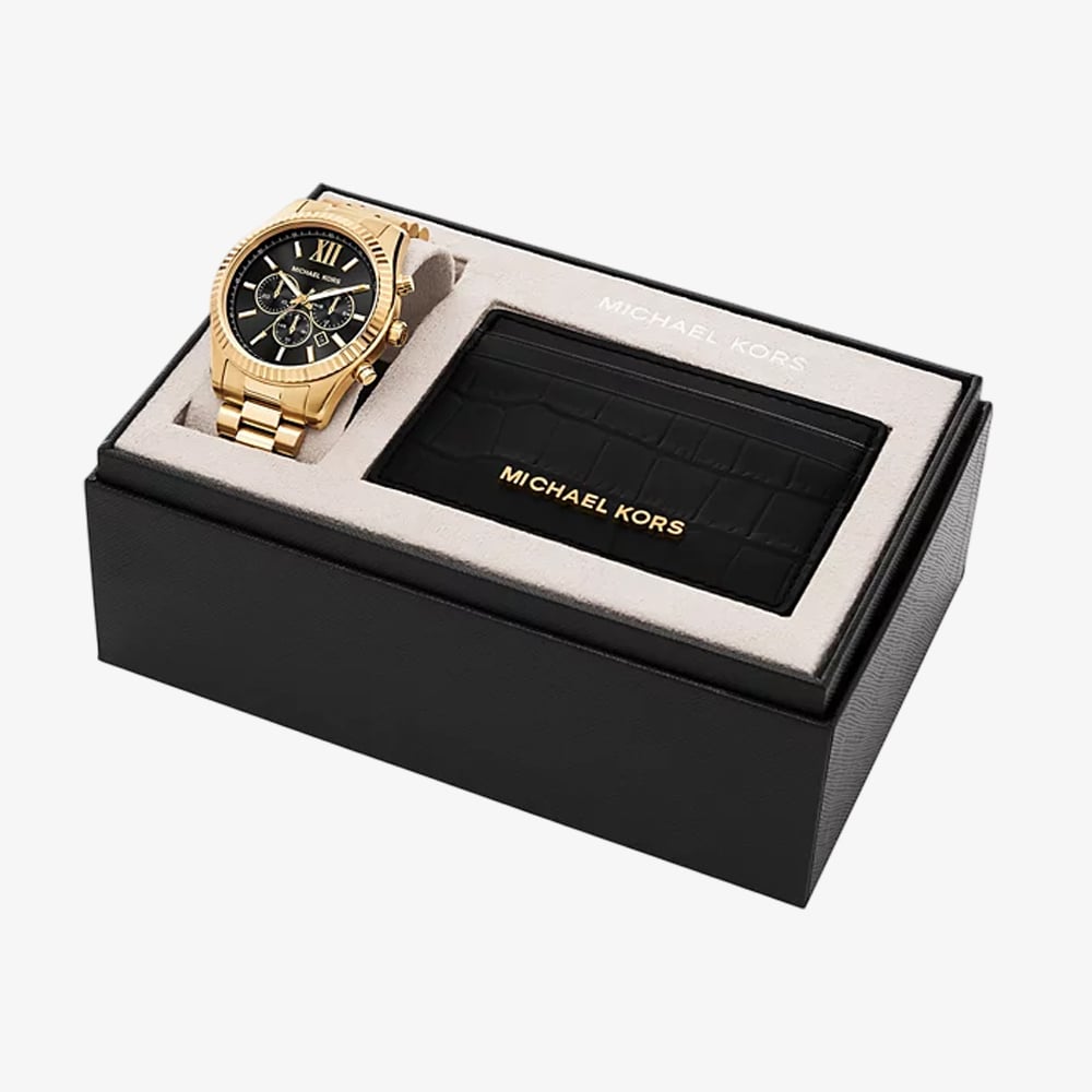 Michael Kors Mens Lexington Gold Chronograph Watch & Black Leather Cardholder Set  MK9245SET