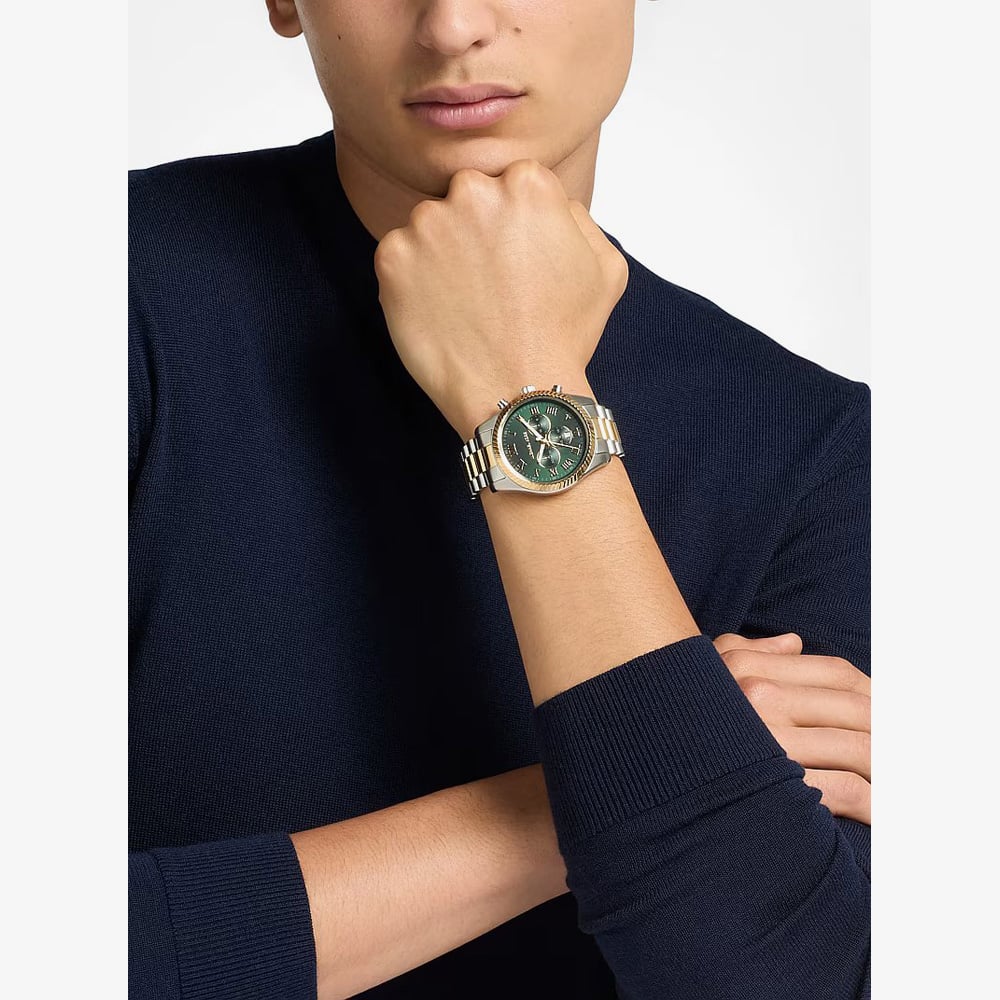 Michael Kors Mens Gold Silver Oversized Lexington Green Dial Two - Tone Bracelet Watch MK9277