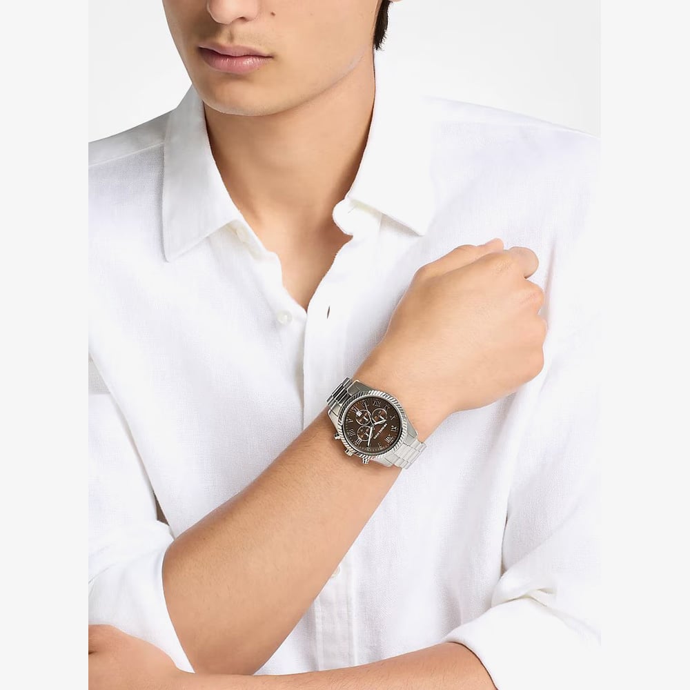 Michael Kors Mens Oversized Lexington Brown Dial Silver - Tone Bracelet Watch MK9278