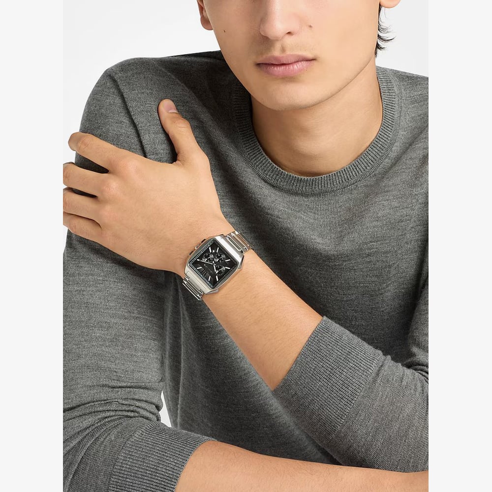 Michael Kors Mens Hayes Oversized Black Dial Silver - Tone Sport Bracelet Watch MK9283