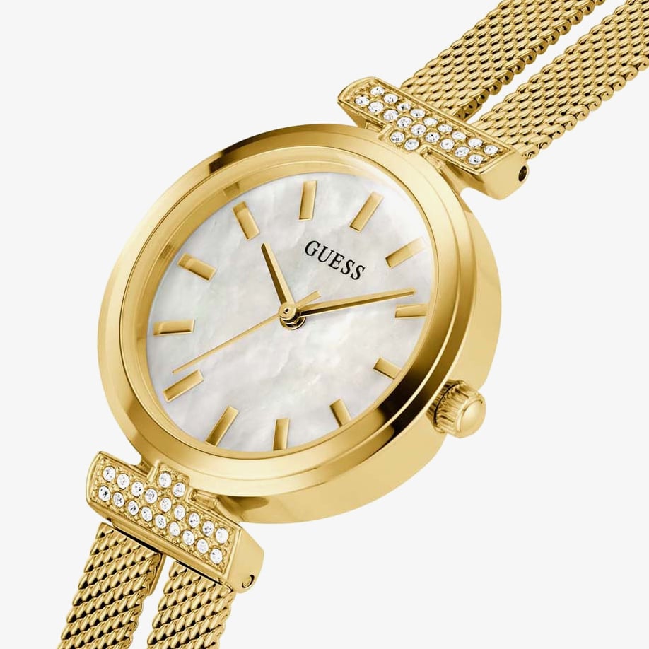 Guess Ladies Array Gold Tone Mother Of Pearl Crystal Watch GW0471L2