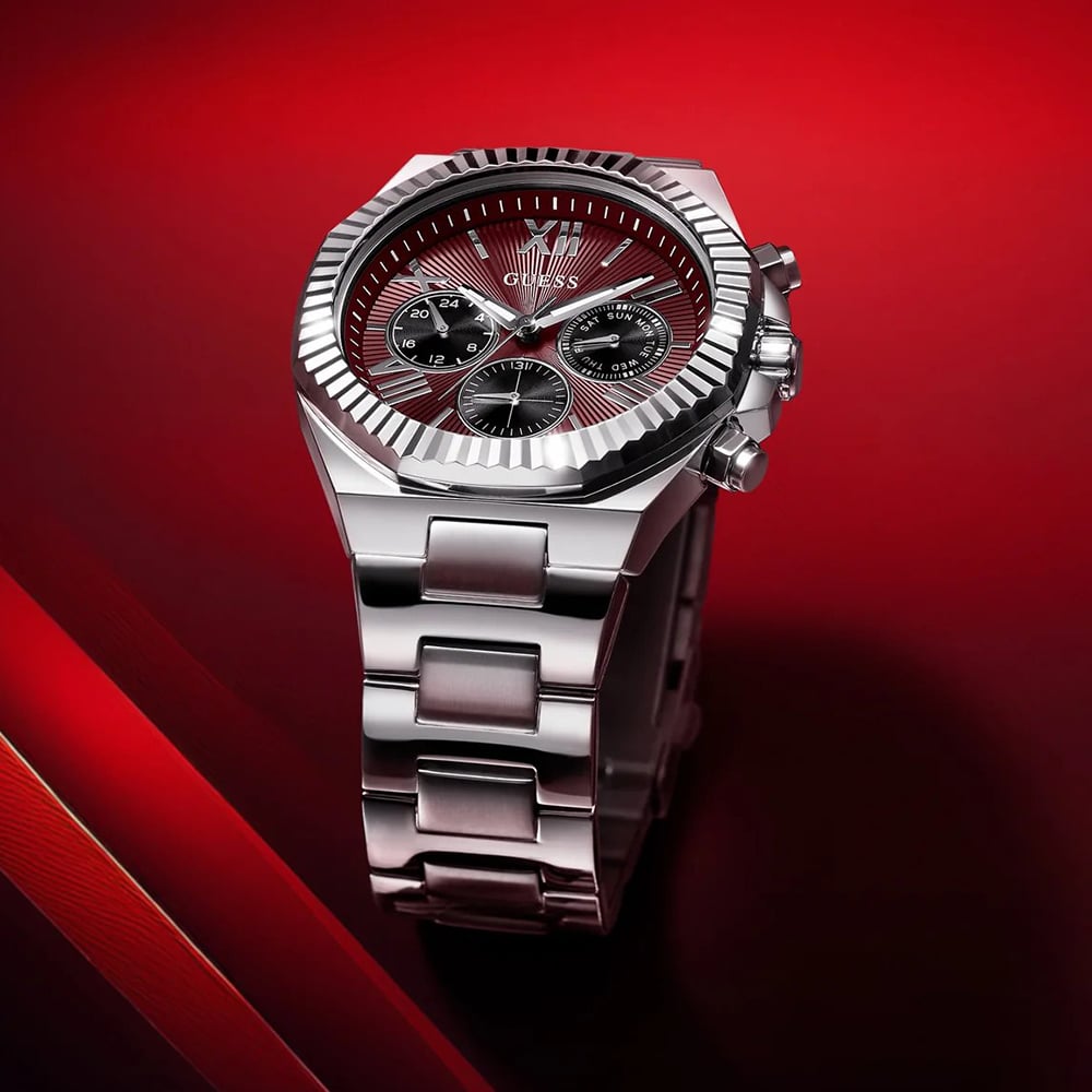 Guess Mens Equity Silver Red Dial Bracelet Watch GW0703G7