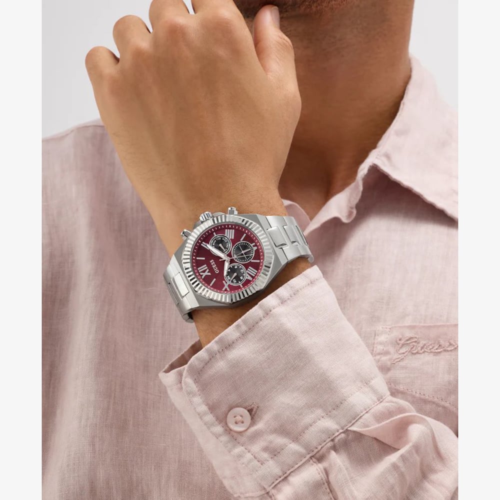 Guess Mens Equity Silver Red Dial Bracelet Watch GW0703G7