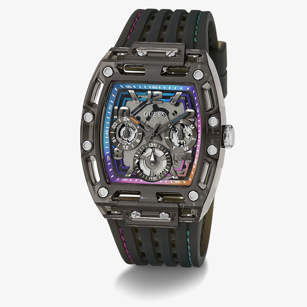 Guess Mens Phoenix Skeleton Dial Black Rubber Strap Watch GW0499G14