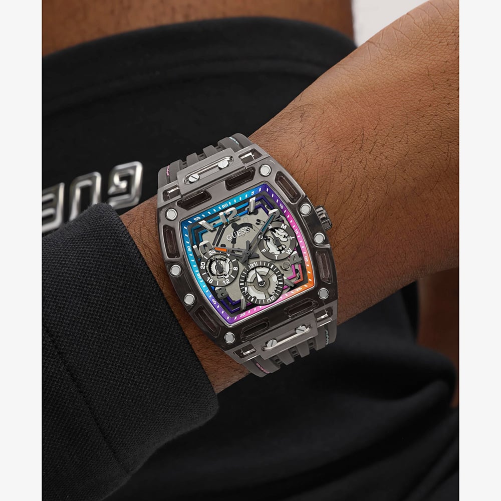 Guess Mens Phoenix Skeleton Dial Black Rubber Strap Watch GW0499G14