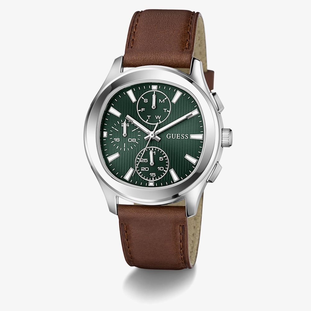 Guess Mens Palmer Green Dial Brown Leather Strap Watch GW1049G1