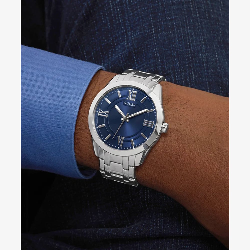 Guess Mens Elliot Silver Blue Dial Watch Gift Set GW1008G1