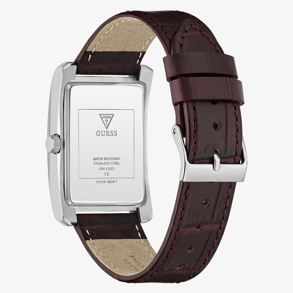 Guess Mens Hugh Silver & Brown Leather Strap Bracelet Watch GW1152G1