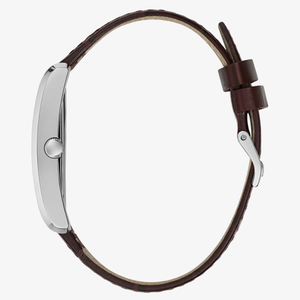 Guess Mens Hugh Silver & Brown Leather Strap Bracelet Watch GW1152G1