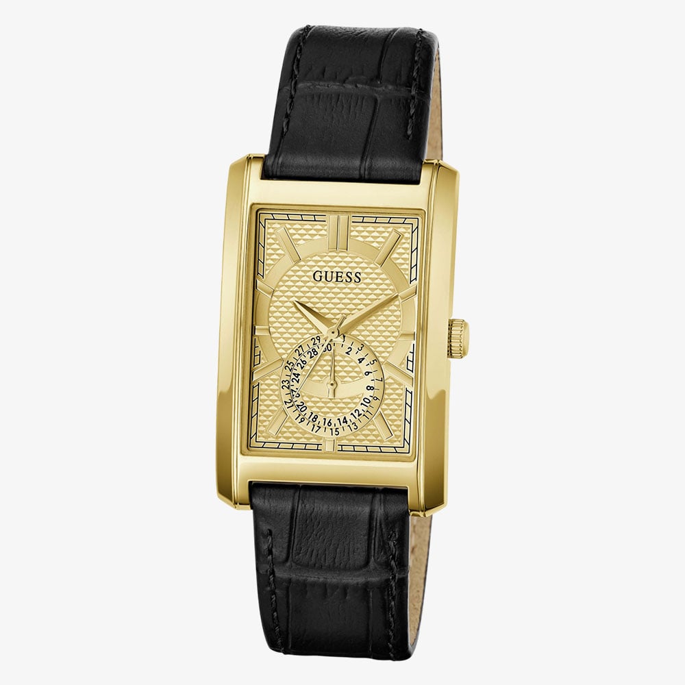 Guess Mens Hugh Gold & Black Leather Strap Bracelet Watch  GW1152G2