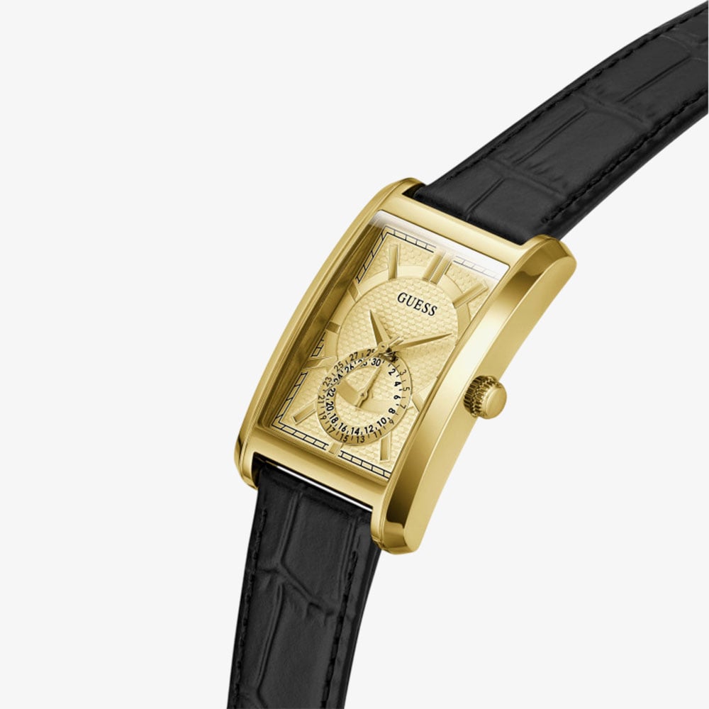 Guess Mens Hugh Gold & Black Leather Strap Bracelet Watch  GW1152G2