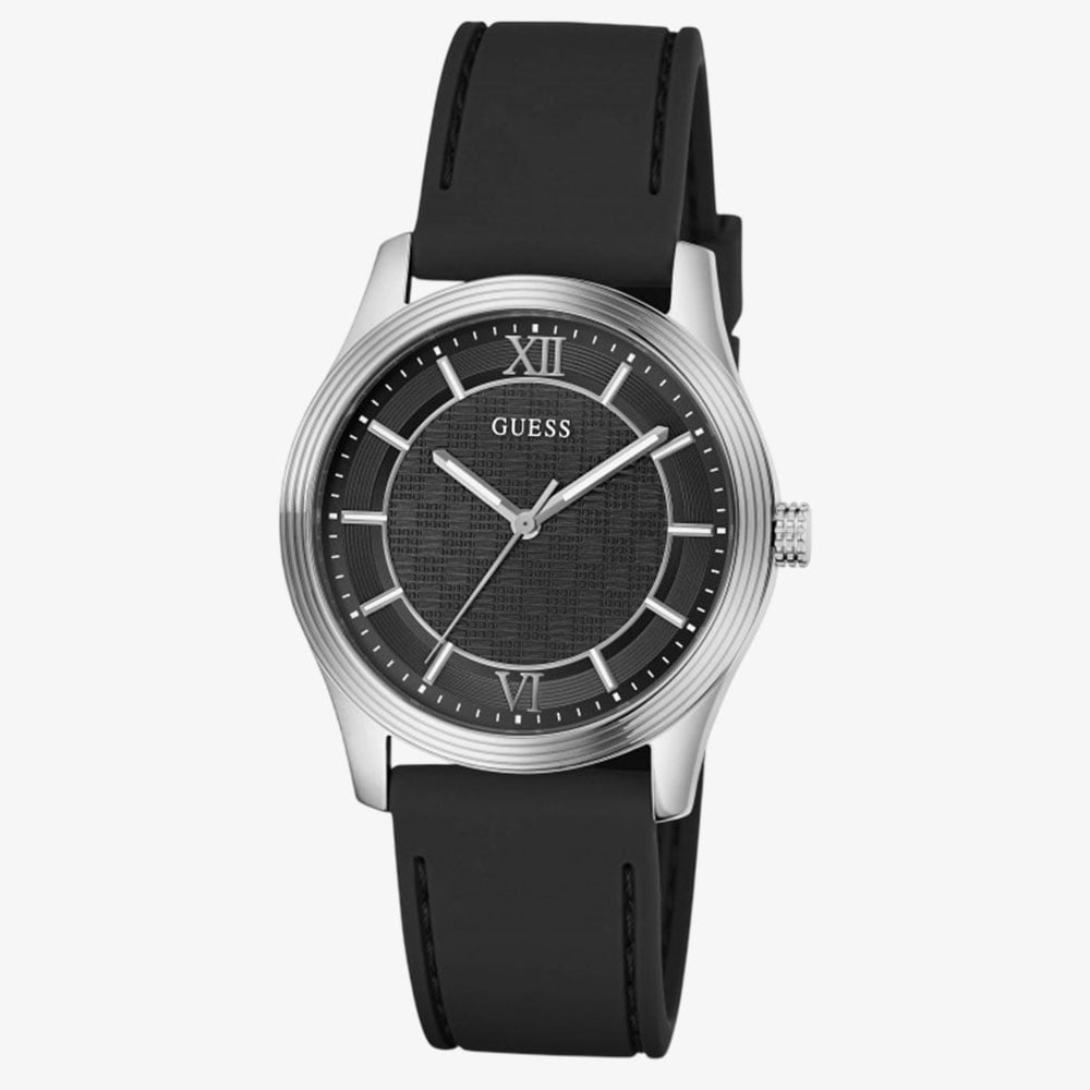 Guess Mens Quentin Silver & Black Silicone Strap Bracelet Watch GW1128G1