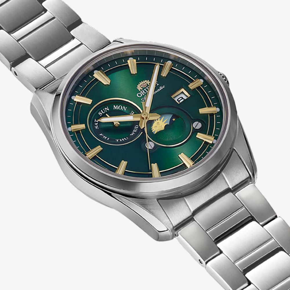 Orient Mens Stretto Sun & Moon Green Dial Bracelet Watch RA-AK0314E
