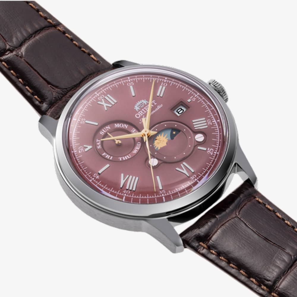 Orient Mens Bambino Sun & Moon Red Dial Leather Strap Watch RA-AK0807R