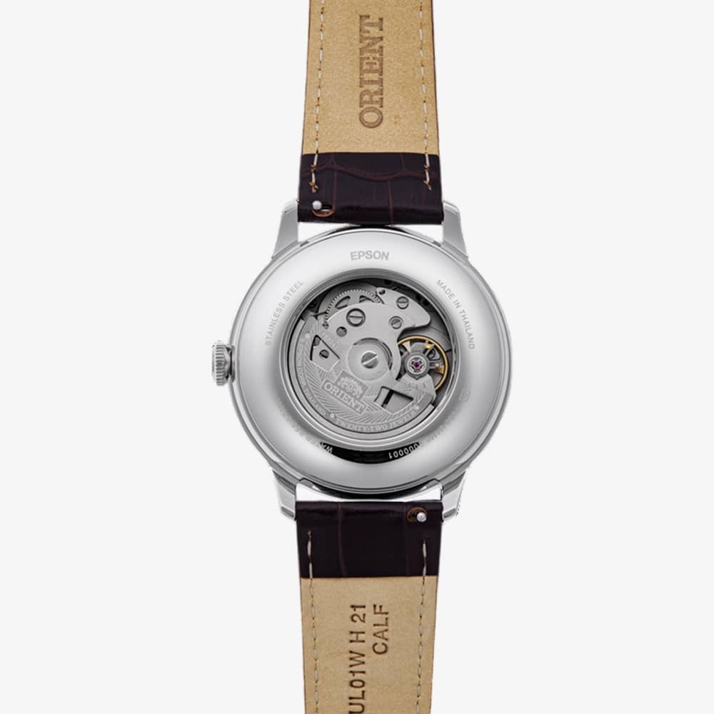 Orient Mens Bambino Sun & Moon Red Dial Leather Strap Watch RA-AK0807R