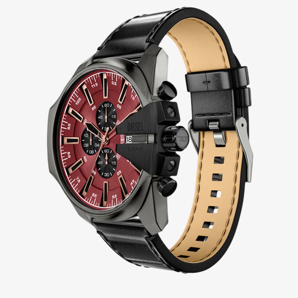 Diesel Mens Mega Chief Red Chronograph Dial Leather Strap Watch DZ4714