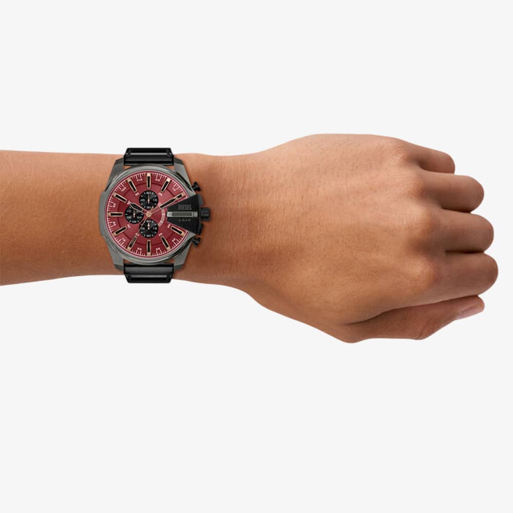 Diesel Mens Mega Chief Red Chronograph Dial Leather Strap Watch DZ4714