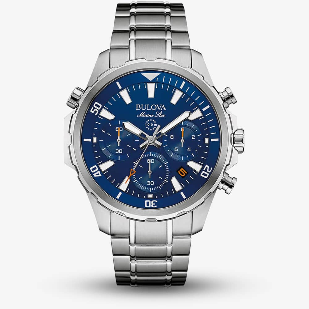 House of Watches - Bulova Mens Marine Star Stainless Steel Blue Chronograph Dial Bracelet Watch 96B256