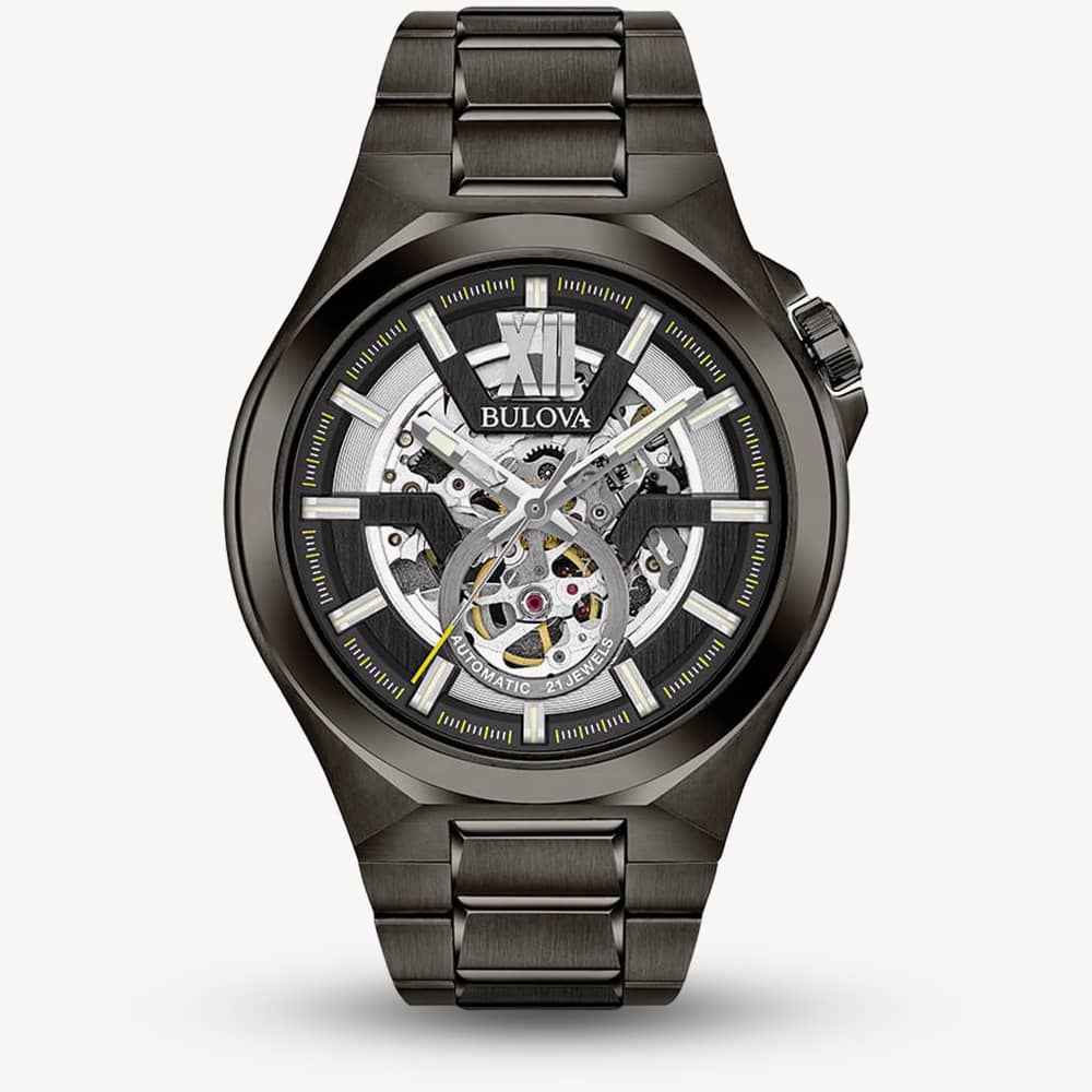 House of Watches - Bulova Mens Maquina Classic Automatic Skeleton Dial Gunmetal Bracelet Watch 98A179