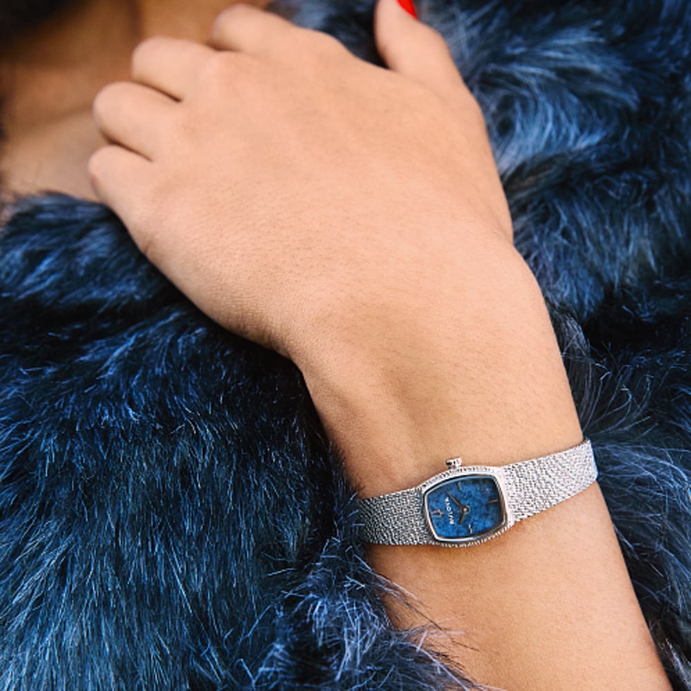 Bulova Ladies Goddess Of Time Stainless Steel Blue Sodalite Dial Watch 96L343