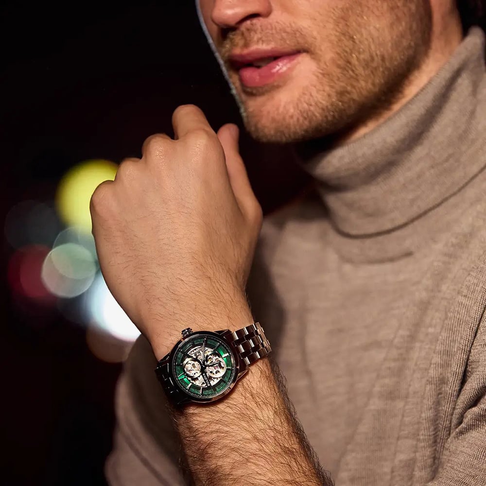 Bulova Mens Sutton Automatic Green Skeleton Dial Watch 96A329