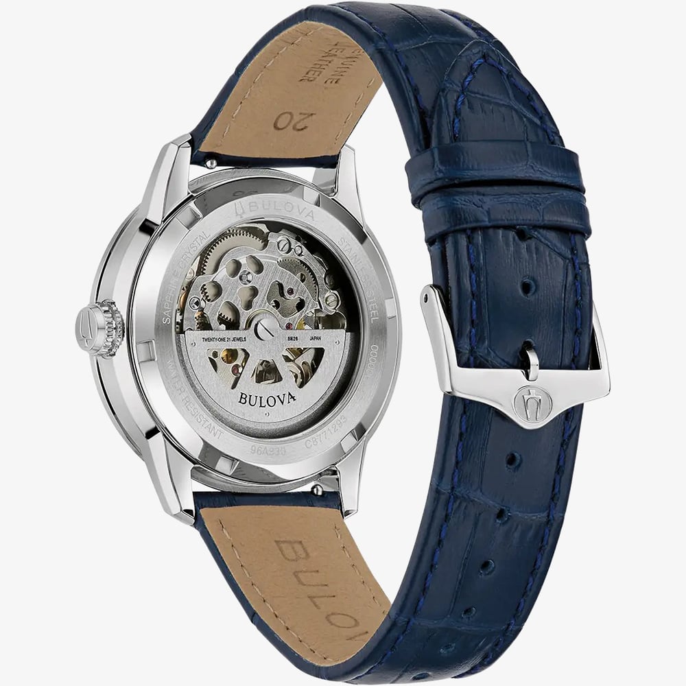 Bulova Mens Sutton Automatic Blue Skeleton Dial Leather Strap Watch 96A330