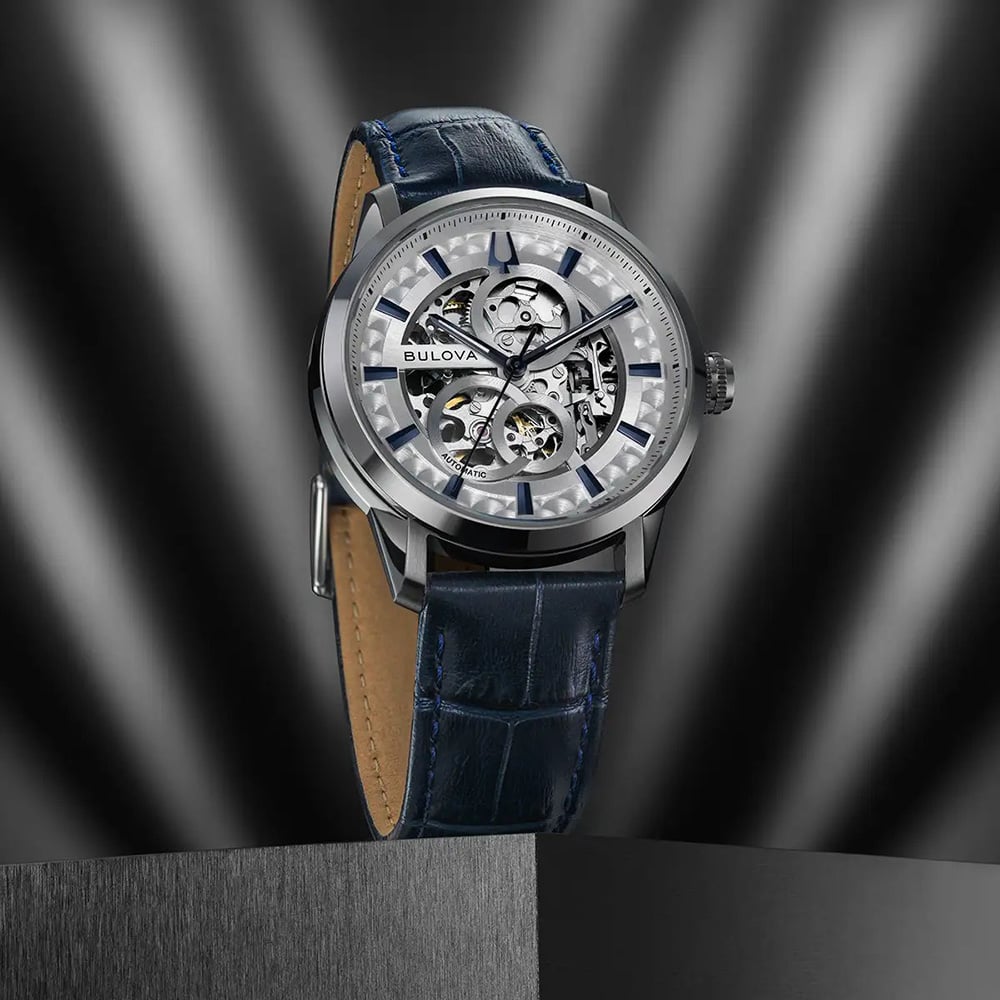Bulova Mens Sutton Automatic Blue Skeleton Dial Leather Strap Watch 96A330