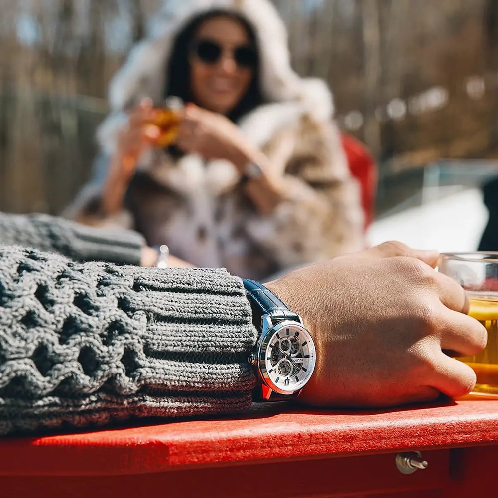 Bulova Mens Sutton Automatic Blue Skeleton Dial Leather Strap Watch 96A330