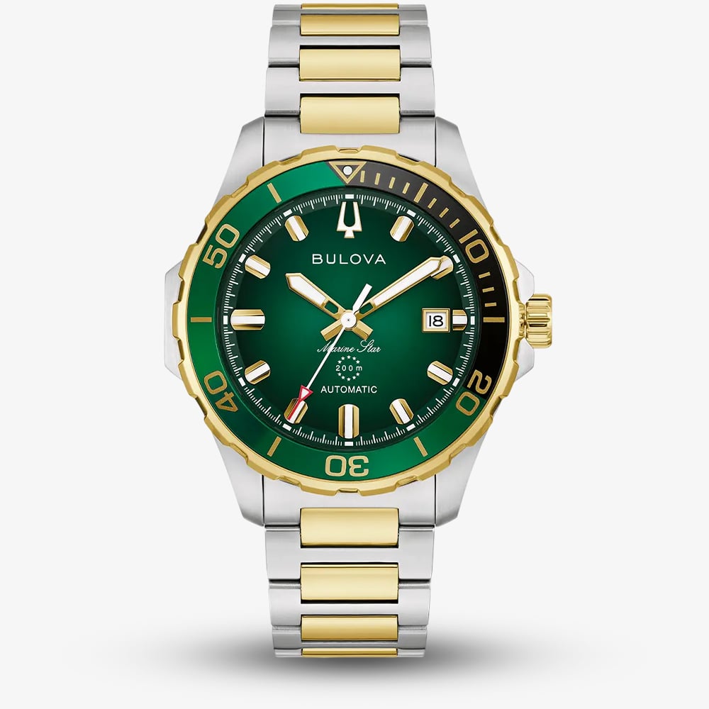 House of Watches - Bulova Mens Marine Star Green Dial Two Colour Bracelet Watch 98B467