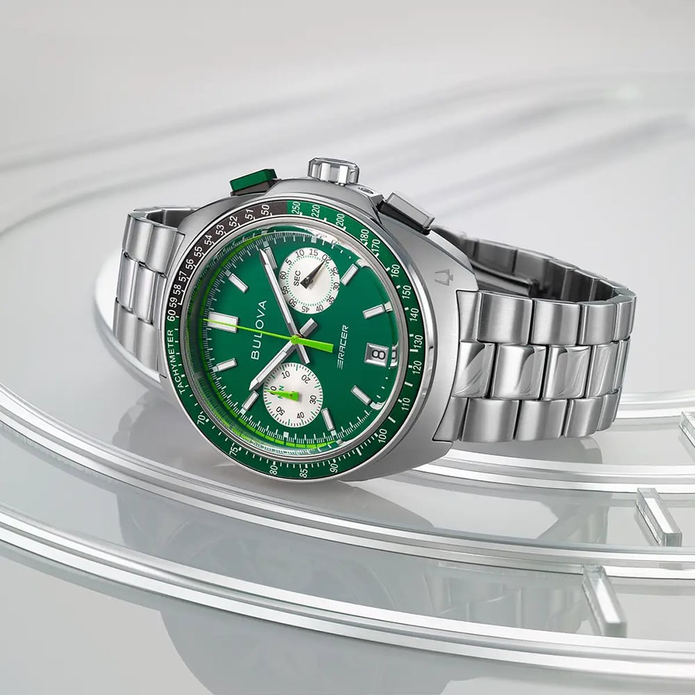 Bulova Mens Racer Chronograph Green Bracelet Watch 98B468
