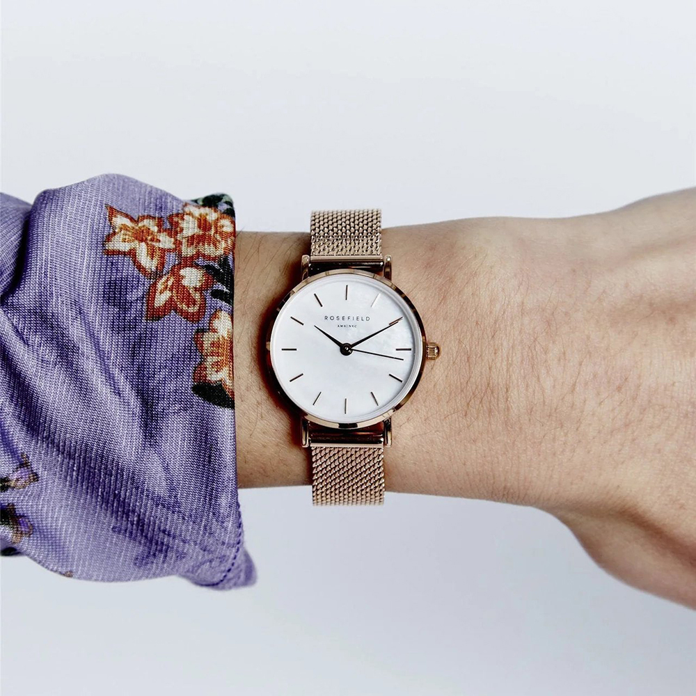 ROSEFIELD Ladies Small Edit White Mother of Pearl Dial Rose Gold Mesh Bracelet Watch 26WR-265