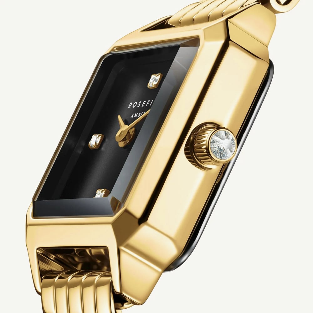 ROSEFIELD Ladies Boxelle Crystal Black Dial Golden Bracelet Watch BBGSG-B08
