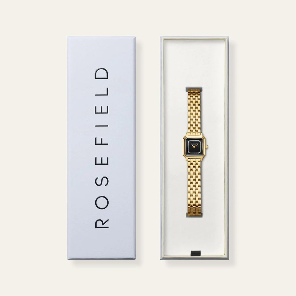 ROSEFIELD Ladies Boxelle Black Crystal Dial Golden Bracelet Watch BBGSG-B09