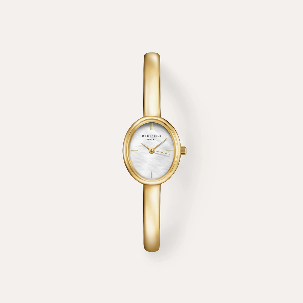 ROSEFIELD Ladies Studio Bangle White Mother of Pearl Golden Bangle Bracelet Watch & Crystal Bangle Gift Set BWGCG-X293