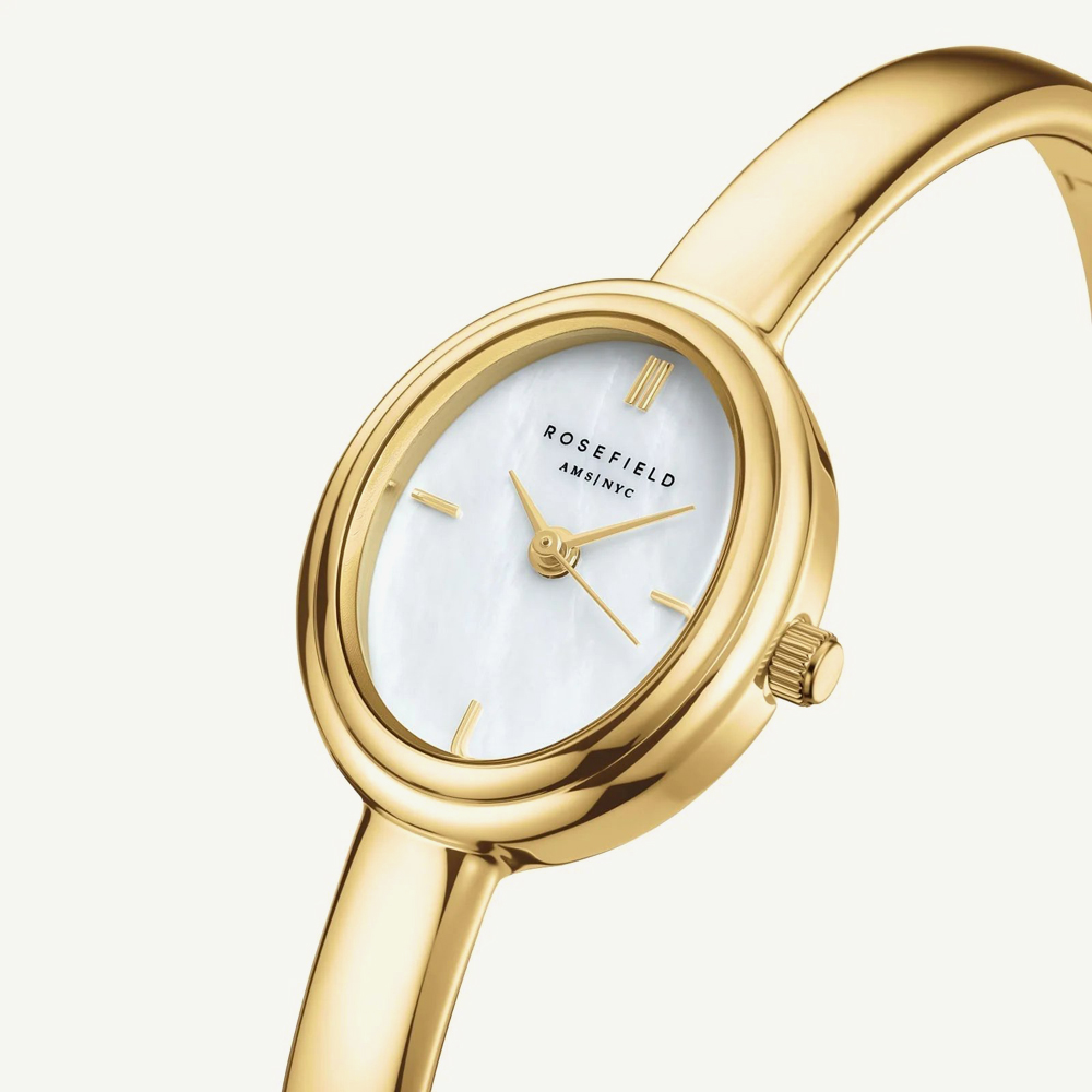 ROSEFIELD Ladies Studio Bangle White Mother of Pearl Golden Bangle Bracelet Watch & Crystal Bangle Gift Set BWGCG-X293
