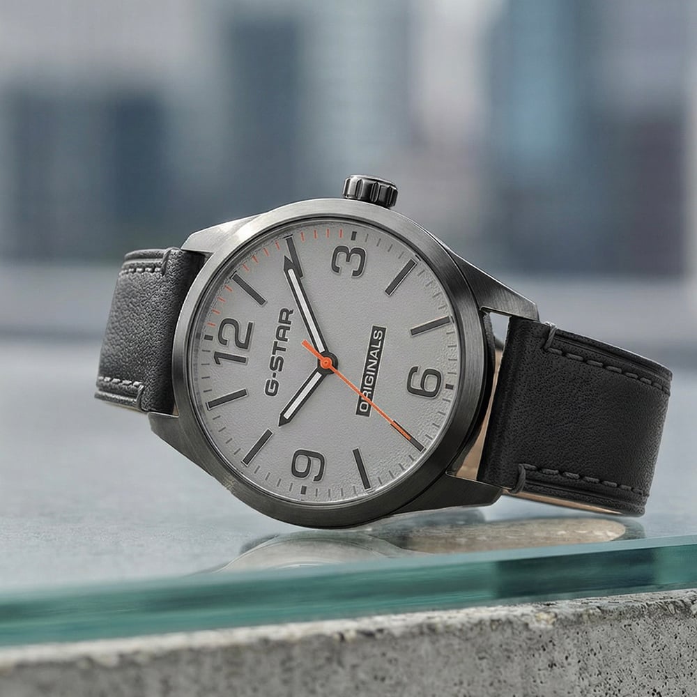G Star Mens Originals Grey Dial Black Leather Strap Watch GSW.503.02