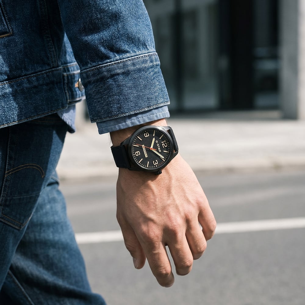 G Star Mens Originals Black Leather Strap Watch GSW.503.03