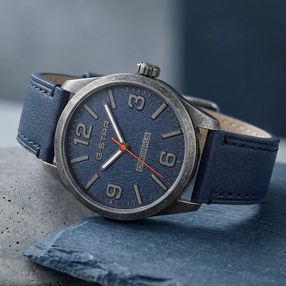 G Star Mens Originals Blue Leather Strap Watch GSW.503.04