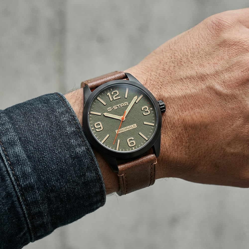 G Star Mens Originals Green Dial Brown Leather Strap Watch GSW.503.05