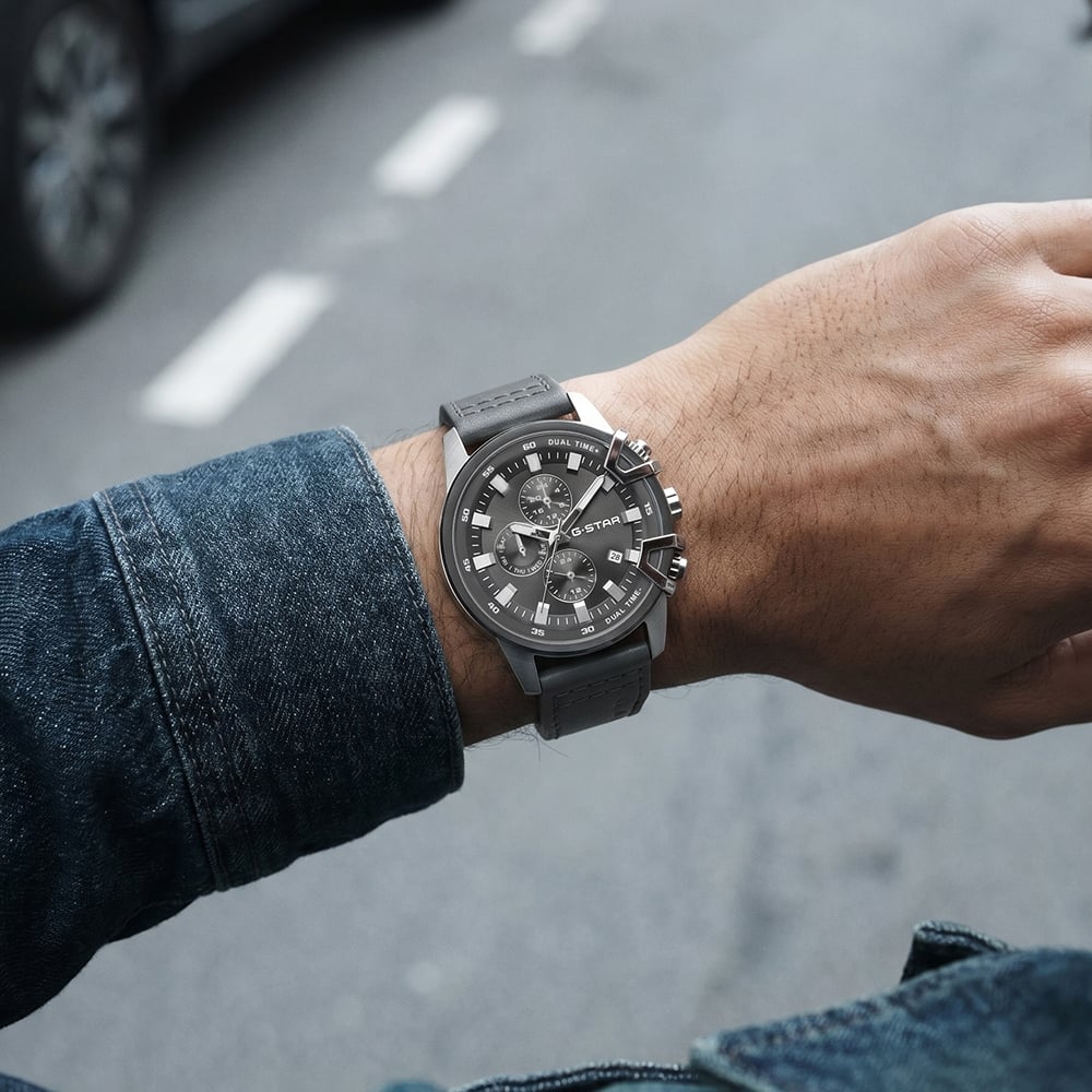 G Star Mens Bend3D Black Dial Grey Leather Strap Watch GSW.505.01
