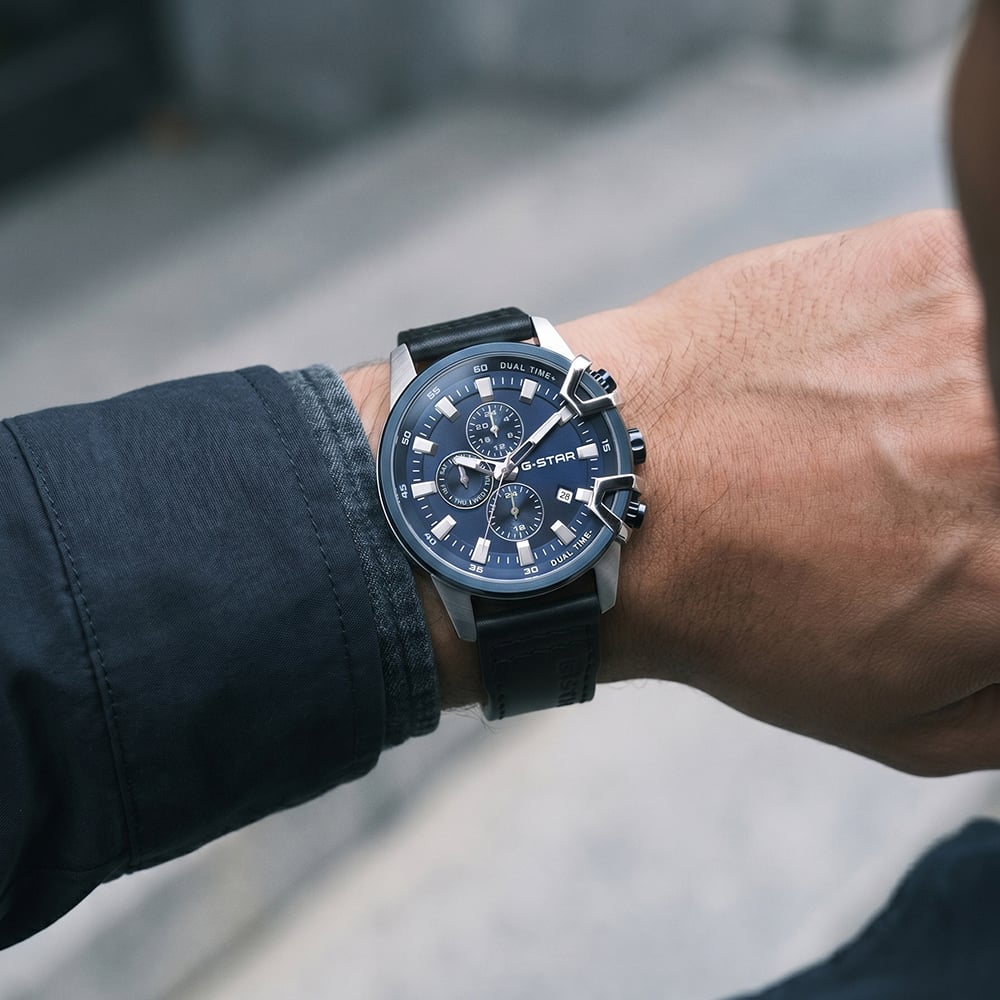 G Star Mens Bend3D Blue Dial Black Leather Strap Watch GSW.505.02