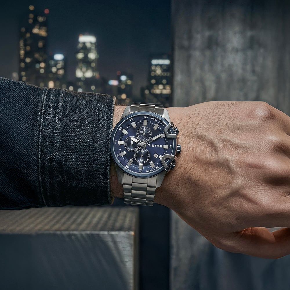 G Star Mens Bend3D Blue Dial Silver Bracelet Watch GSW.505.04