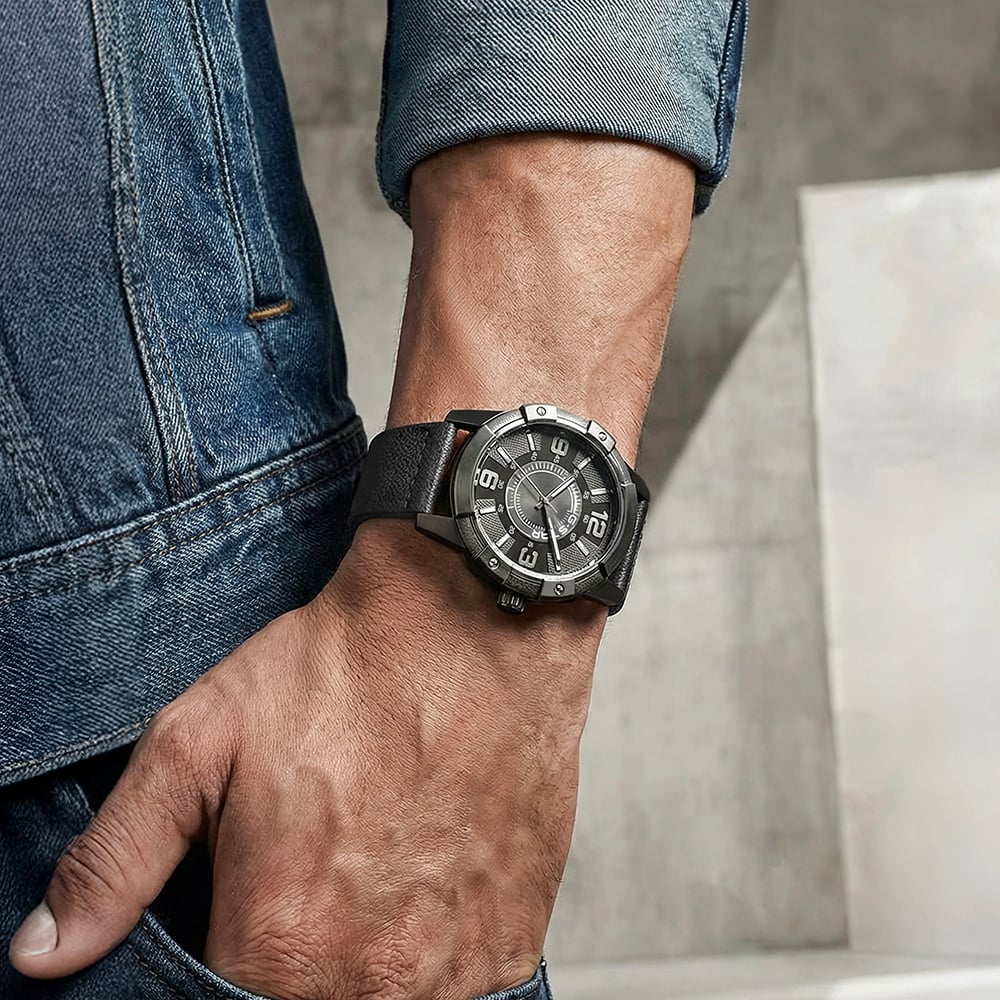 G Star Mens Constructed Black Leather Strap Watch GSW.506.02