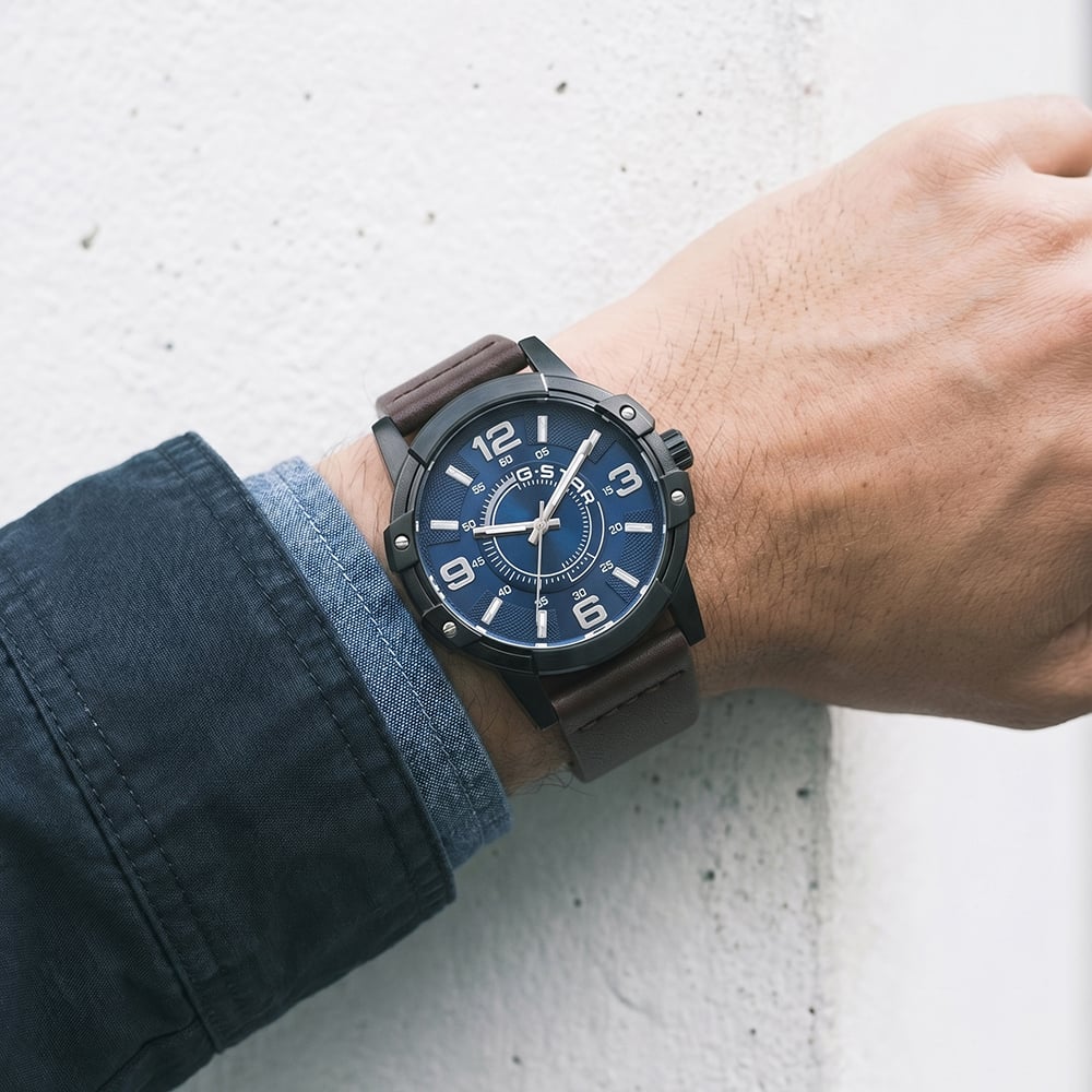 G Star Mens Constructed Blue Dial Brown Leather Strap Watch GSW.506.05